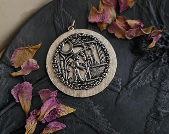 Victorian Asian Japanese Inspired Large vintage Pendant | Lovers Under Moonlight Asian Couple Relief | Vintage Museum Reproduction Style