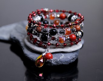Gemstone Memory Wire Bracelet: Agate, Goldstone, Coral, Crystal Charm