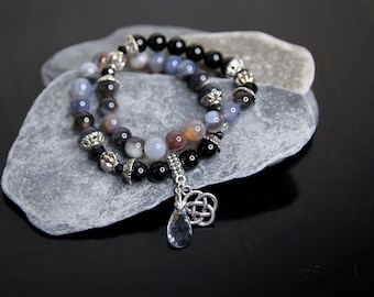 Agate Bracelet Set of 2 – Celtic Knot Amulet, Stretch Gemstone Ritual Jewellery for Protection & Balance. Pagan Wicca jewellery