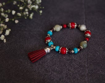 Tassel bracelet. Tibetan jewelry stretchy bracelet. Ethnic bracelet. Bohemian jewelry. Gemstone bracelet. Buddhism. Statement bracelet