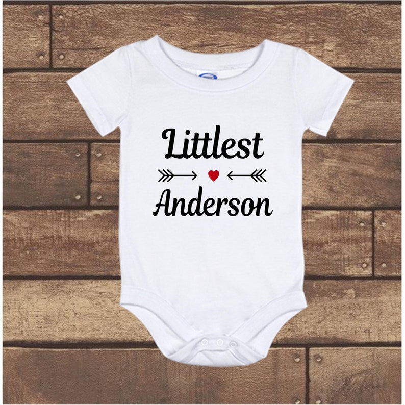 Newborn to 24 Months baby Onesie bodysuit Personalized Littlest YOUR LAST NAME Pregnancy Announcement long sleeve short sleeve