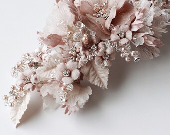 Blush Pink Avianna Couture Flower Bridal Hair Comb - Gemstones, Freshwater Pearl and Swarovski