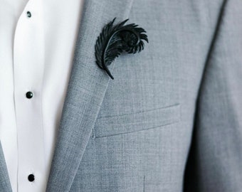 Couture Black Leather Feather Lapel Pin