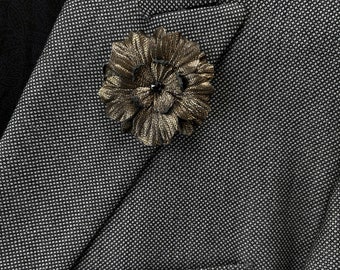 Apollo Bronze Leather Flower Lapel Pin with Black Spinel Gemstone