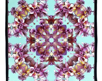 Art Series - Tropical Orchid - Aqua Pink Yellow Black Silk Satin Pocket Square Gift For Men Handkerchief
