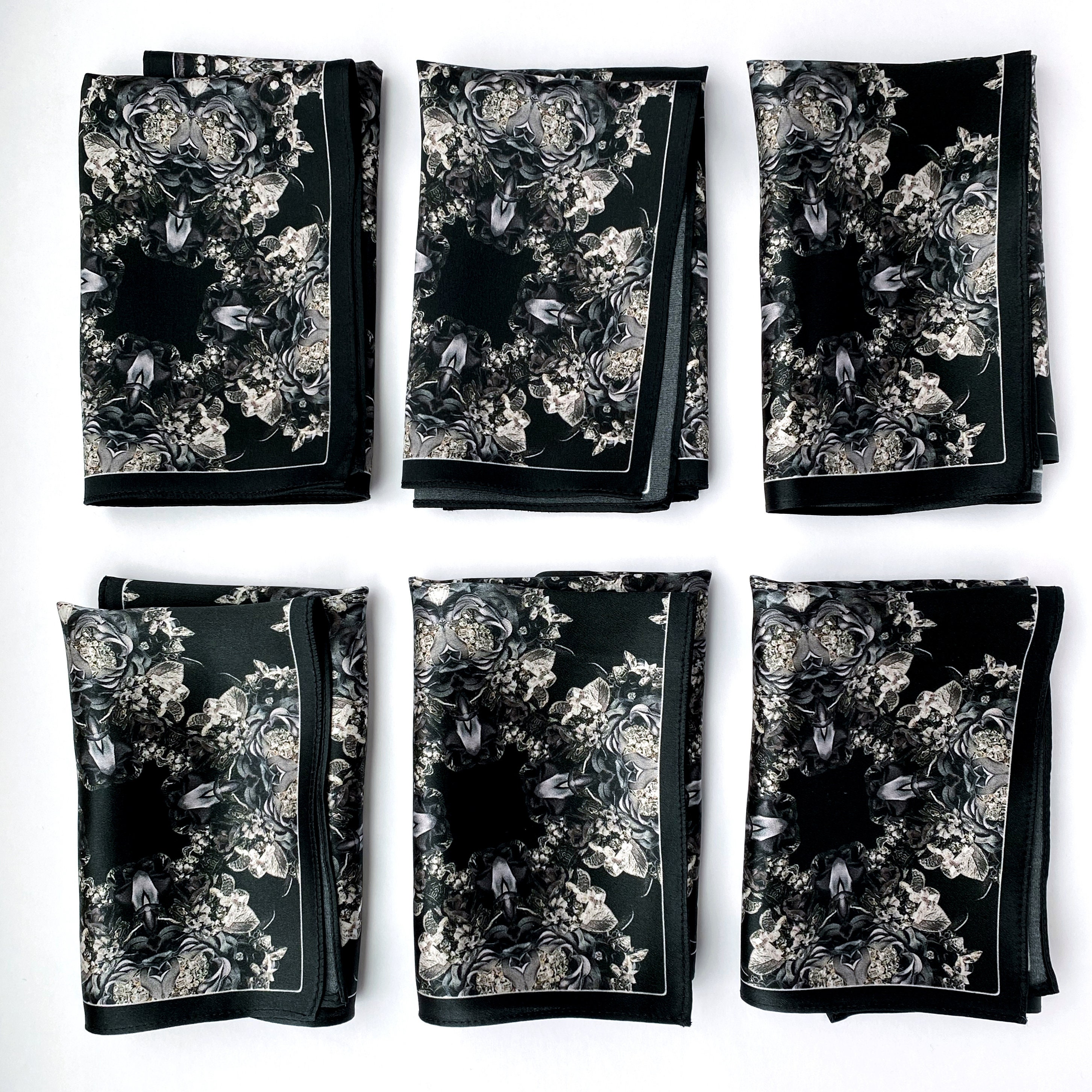Set of 4 6 or 8 Designer Black Floral Silk Pocket Squares - Etsy set-of-4-6-or-8-designer-black-floral-silk-pocket-squares-etsy