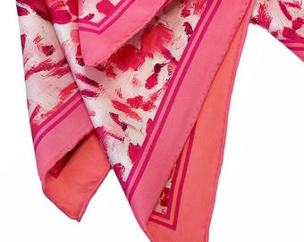 Hand Rolled Pocket Square - Impressionist Flower Pink and Coral Silk Twill - Double Sided