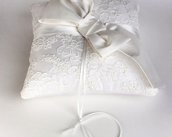 Bridal White French Alencon Lace and Mod Bow Silk Ring Pillow