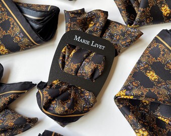 Groomsmen Luxury Silk Pocket Square Wedding Set - Evergreen Black and Gold Gift For Men Handkerchief Hand-Rolled with Holder