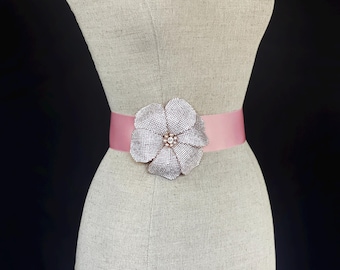 Starlight Couture Crystal Blush Pink Pearl Flower Pin Brooch & Sash - Special Order