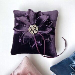 Couture Dark Purple Crystal Center Silk Velvet Flower Ring Bearer Pillow