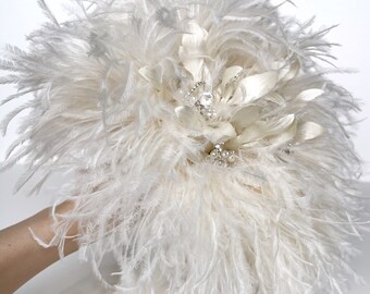 Ivory Feather Gemstone Silk Pearl and Swarovski Crystal Bridal Bouquet - Couture Heirloom Floral - Ready to Ship