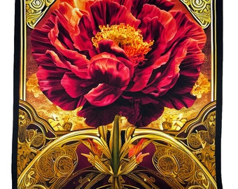 Art Series - Regal Red Peony Gold Silk Satin Pocket Square Gift For Men Handkerchief
