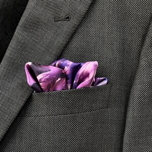 Art Series Purple Peony Silk Satin Pocket Square Gift For Men Handkerchief image 3