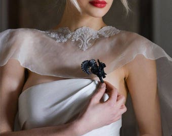 Black Lambskin Leather Couture Fern and Floral Lapel Pin Brooch Boutonniere