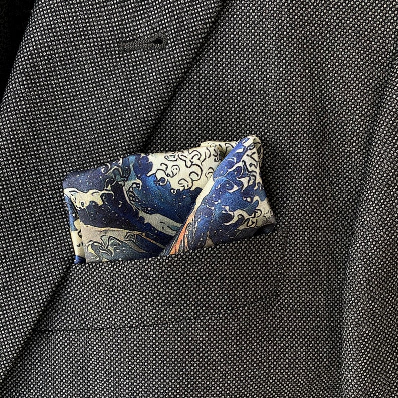 Art Series The Wave Rose Hokusai Inspired Blue Silk Satin Pocket Square Gift For Men Handkerchief image 4