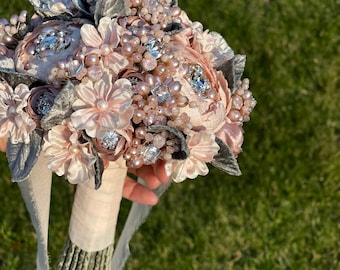 Bijou Blush Silk Flower Crystal and Freshwater Pearl Couture Wedding Bouquet
