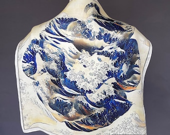 Art Series - The Wave Rose - Hokusai Inspired Blue Silk Twill Neck Scarf Bandana