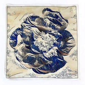 Art Series The Wave Rose Hokusai Inspired Blue Silk Satin Pocket Square Gift For Men Handkerchief image 1