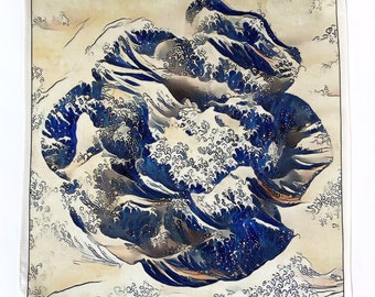 Art Series - The Wave Rose - Hokusai Inspired Blue Silk Satin Pocket Square Gift For Men Handkerchief