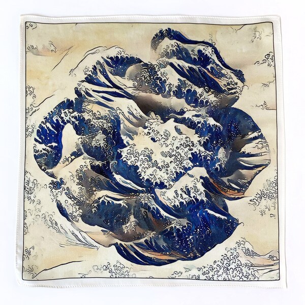 Art Series - The Wave Rose - Hokusai Inspired Blue Silk Satin Pocket Square Gift For Men Handkerchief