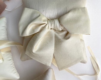 Sara Champagne Silk Ring Pillow With a Cream Dupioni Bow