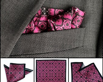 Set of 4, 6 or 8 Magenta Pink and Black Silk Pocket Squares - Groomsmen Wedding Gift For Men Handkerchief