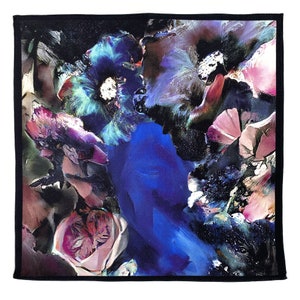 Art Series - Travel By Night Floral Blue Pink Purple Silk Satin Pocket Square Gift For Men Handkerchief