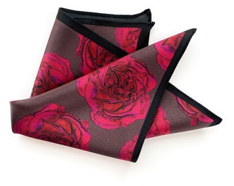 Art Series - Brown and Fuchsia Pink Rose Silk Satin Pocket Square Gift For Men Handkerchief