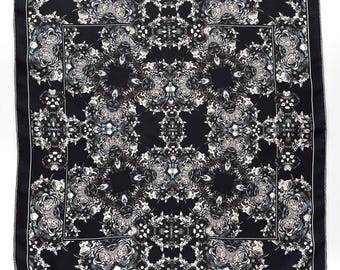 Hand Rolled Pocket Square - Beacon Black Floral Silk Twill - Larger Size - Handkerchief