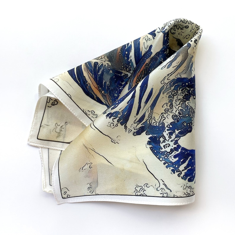 Art Series The Wave Rose Hokusai Inspired Blue Silk Satin Pocket Square Gift For Men Handkerchief image 2