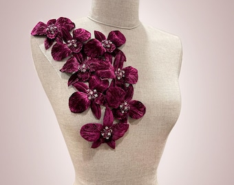 Couture Custom Color Silk Velvet Orchid Flower Sash or Applique Floral - Swarovski Crystal Beading