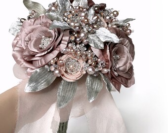 Cherish Pink Rose Gemstone Silk Pearl and Swarovski Crystal Bridal Bouquet - Couture Heirloom Floral - Ready to Ship