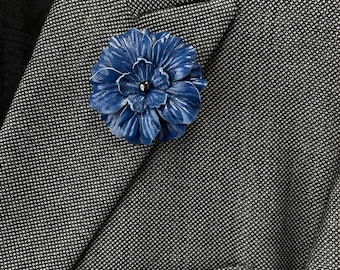 Apollo Blue Leather Flower Lapel Pin with Black Spinel Gemstone