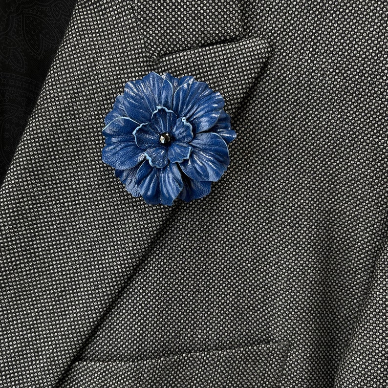 Apollo Blue Leather Flower Lapel Pin with Black Spinel Gemstone image 1