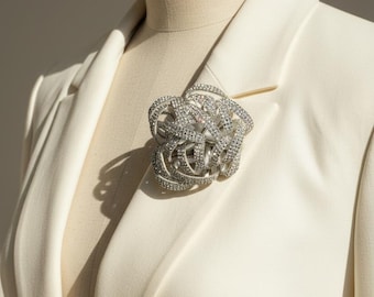 STARLIGHT Sparkle Couture Crystal Flower Brooch - Luxury Fashion Accessory - Silk Floral Pin