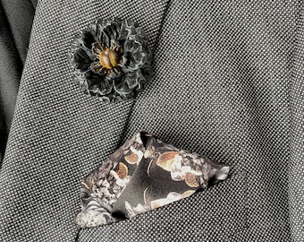 Black Floral Beacon Silk Pocket Square and Bronze Black Metallic Leather Lapel Pin Set Gift For Men Handkerchief