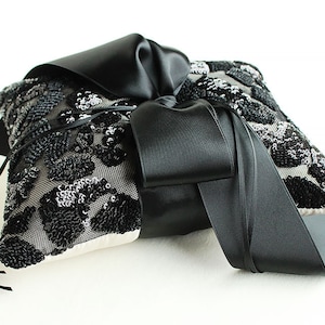 Black Sequin and Cream Silk Satin Ring Bearer Pillow