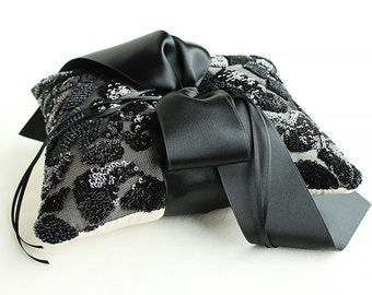 Black Sequin and Cream Silk Satin Ring Bearer Pillow