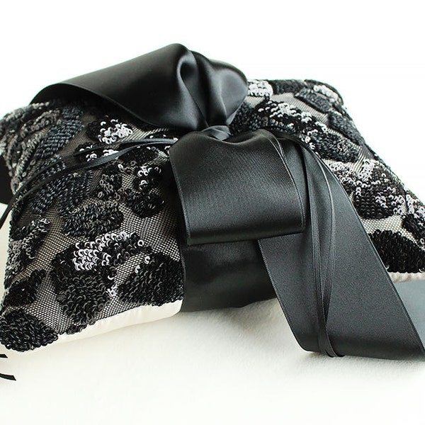 Black Sequin and Cream Silk Satin Ring Bearer Pillow