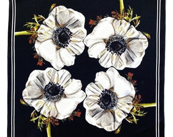 Art Series - Anemone in Dubai - White Anemone Flower - Black Silk Satin Pocket Square Gift For Men Handkerchief