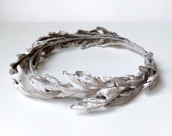 Silver Platinum Silk Velvet Oak Leaf Hair Crown Wreath Halo