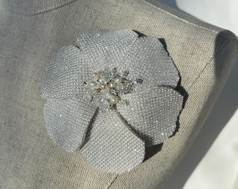 Starlight Couture White Crystal & Freshwater Pearl Flower Pin Brooch
