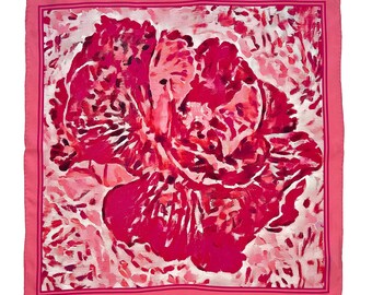 Hand Rolled Pocket Square - Impressionist Flower Pink and Coral Silk Twill - Double Sided
