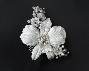 Forever Orchid White Silk Velvet Couture Flower Bridal Hair Comb - Freshwater Pearl and Swarovski