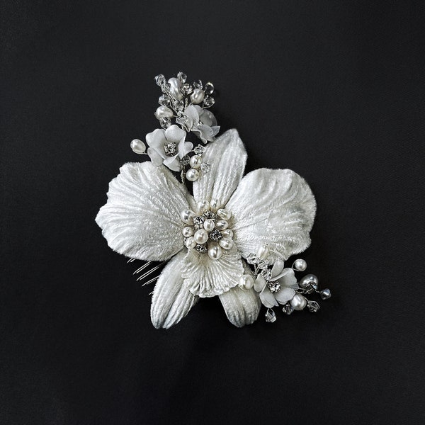 Forever Orchid White Silk Velvet Couture Flower Bridal Hair Comb - Freshwater Pearl and Swarovski