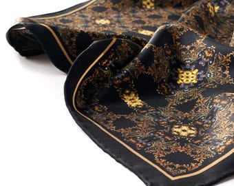 Evergreen Floral Silk Pocket Square: Black and Gold Twill