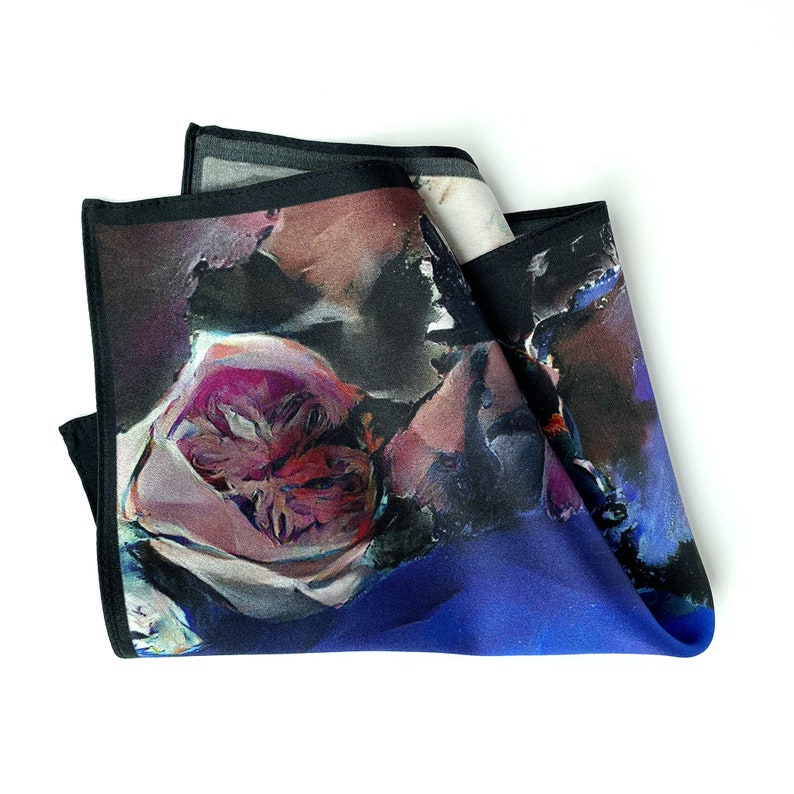 Art Series Travel By Night Floral Blue Pink Purple Silk Satin Pocket Square Gift For Men Handkerchief image 4