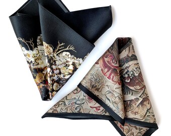 Art Series  Set of 2 - Bramble & Tapestry Rose Black Gold Silk Satin Pocket Square Gift For Men Handkerchief