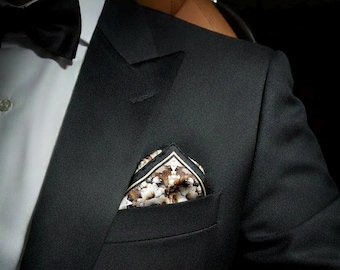 Floral Silk Pocket Square: Gold & Black Hand-Rolled Handkerchief